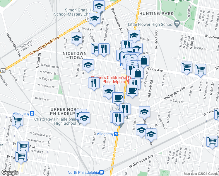 map of restaurants, bars, coffee shops, grocery stores, and more near 1513 West Tioga Street in Philadelphia
