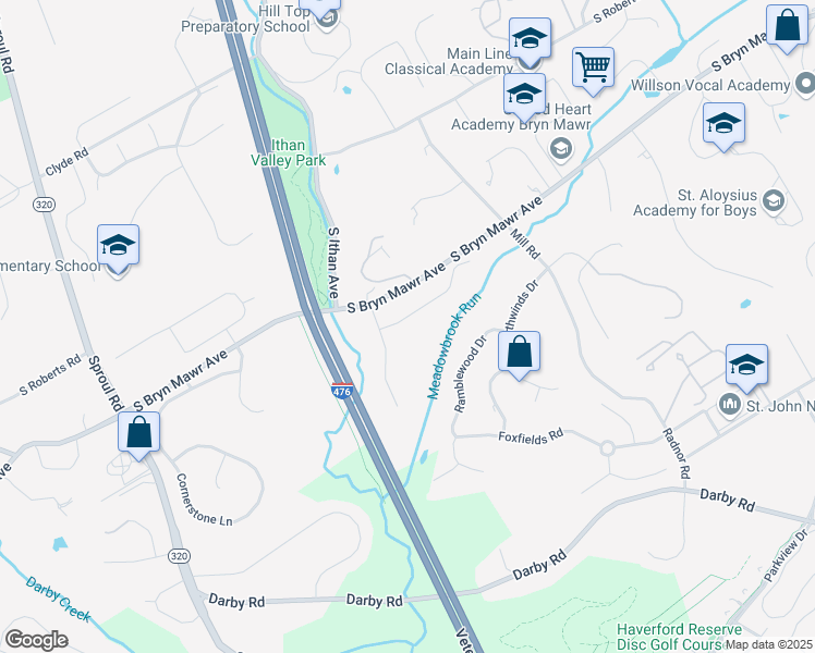 map of restaurants, bars, coffee shops, grocery stores, and more near 405 Wyntre Lea Drive in Bryn Mawr