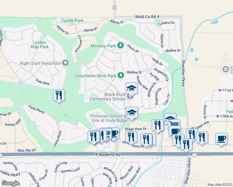 map of restaurants, bars, coffee shops, grocery stores, and more near 1974 Cedarwood Place in Erie