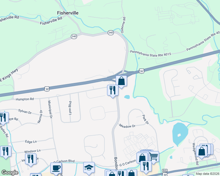 map of restaurants, bars, coffee shops, grocery stores, and more near 3808 Humpton Road in Downingtown