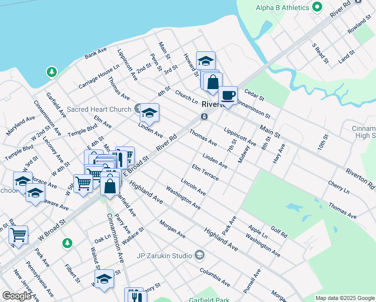 map of restaurants, bars, coffee shops, grocery stores, and more near 609 Elm Terrace in Riverton
