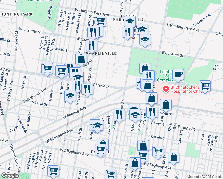 map of restaurants, bars, coffee shops, grocery stores, and more near 258 West Erie Avenue in Philadelphia