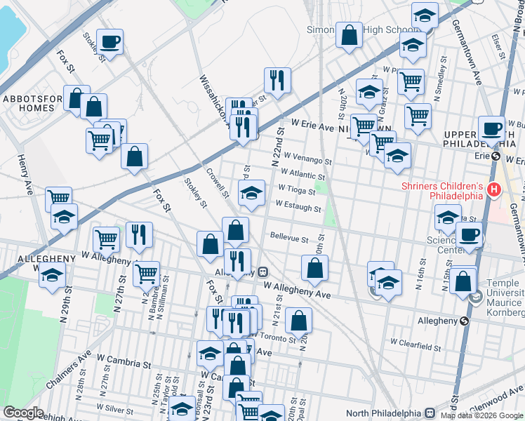 map of restaurants, bars, coffee shops, grocery stores, and more near 2141 West Ontario Street in Philadelphia