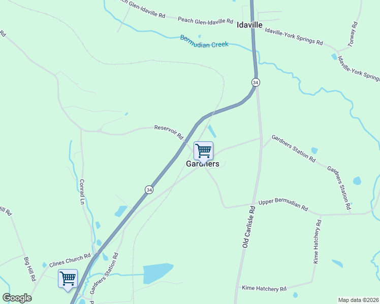 map of restaurants, bars, coffee shops, grocery stores, and more near 21 Upper Bermudian Road in Gardners