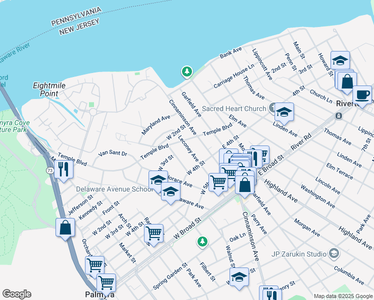map of restaurants, bars, coffee shops, grocery stores, and more near 305 Leconey Avenue in Palmyra