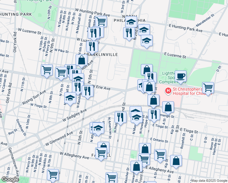 map of restaurants, bars, coffee shops, grocery stores, and more near 252 West Erie Avenue in Philadelphia