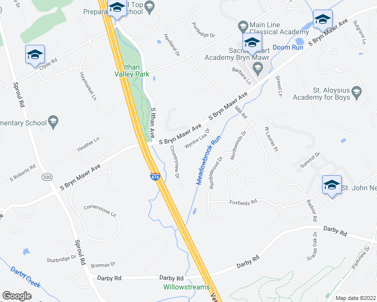 map of restaurants, bars, coffee shops, grocery stores, and more near 405 Wyntre Lea Drive in Bryn Mawr