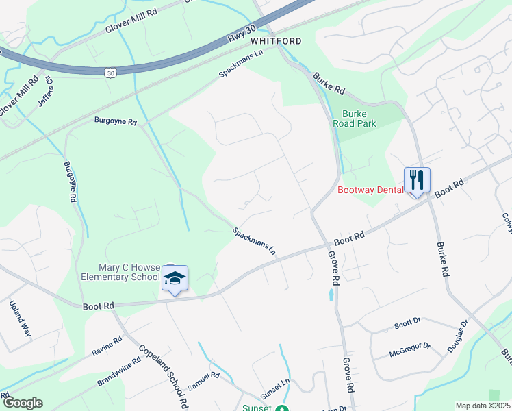 map of restaurants, bars, coffee shops, grocery stores, and more near 508 Bridle Path in West Chester