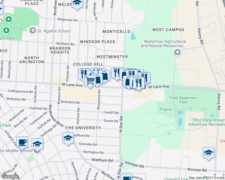 map of restaurants, bars, coffee shops, grocery stores, and more near 1463 West Lane Avenue in Upper Arlington