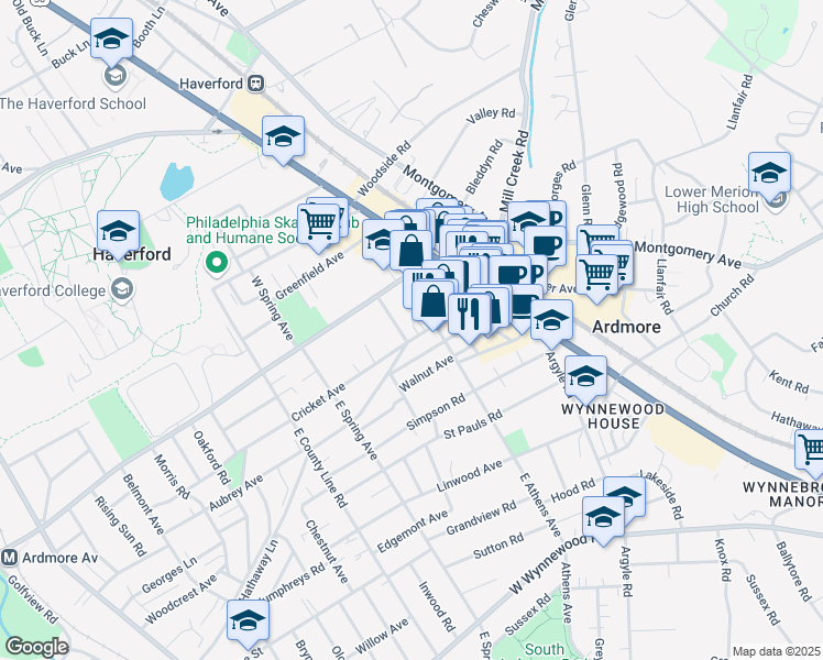 map of restaurants, bars, coffee shops, grocery stores, and more near 112 Cricket Avenue in Ardmore