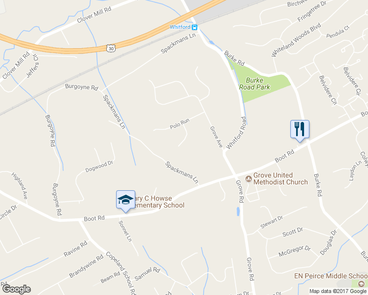 map of restaurants, bars, coffee shops, grocery stores, and more near 508 Bridle Path in West Chester