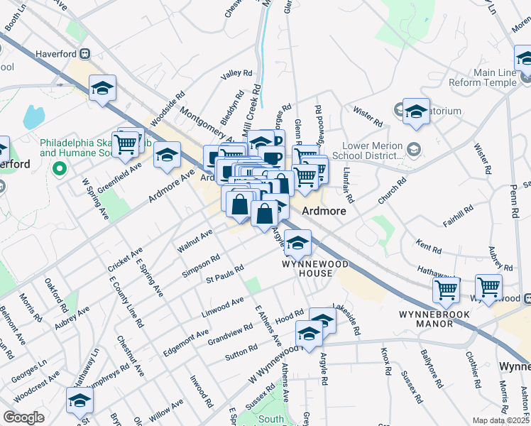 map of restaurants, bars, coffee shops, grocery stores, and more near 56e Lancaster Avenue in Ardmore