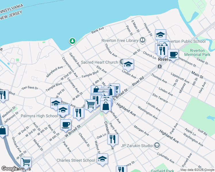 map of restaurants, bars, coffee shops, grocery stores, and more near 426 Morgan Avenue in Palmyra