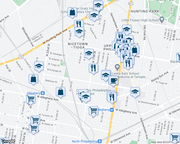 map of restaurants, bars, coffee shops, grocery stores, and more near 1700-6 West Tioga Street in Philadelphia