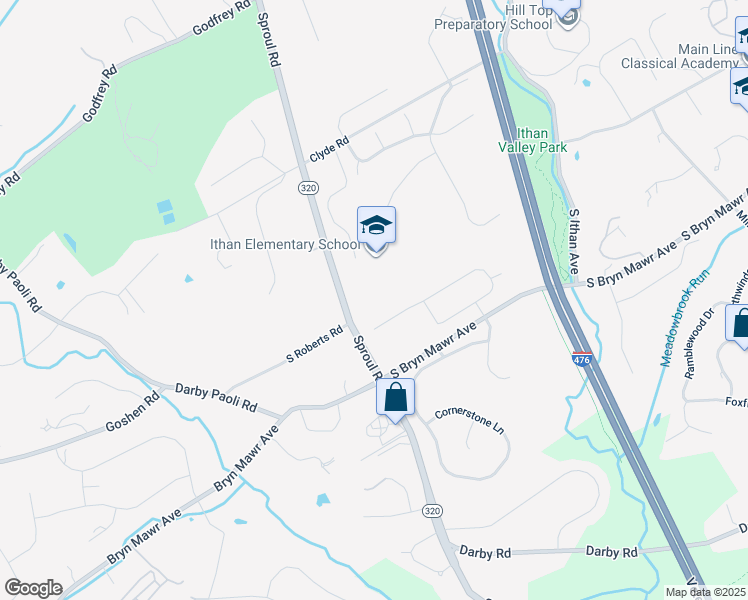 map of restaurants, bars, coffee shops, grocery stores, and more near 694 South Roberts Road in Bryn Mawr