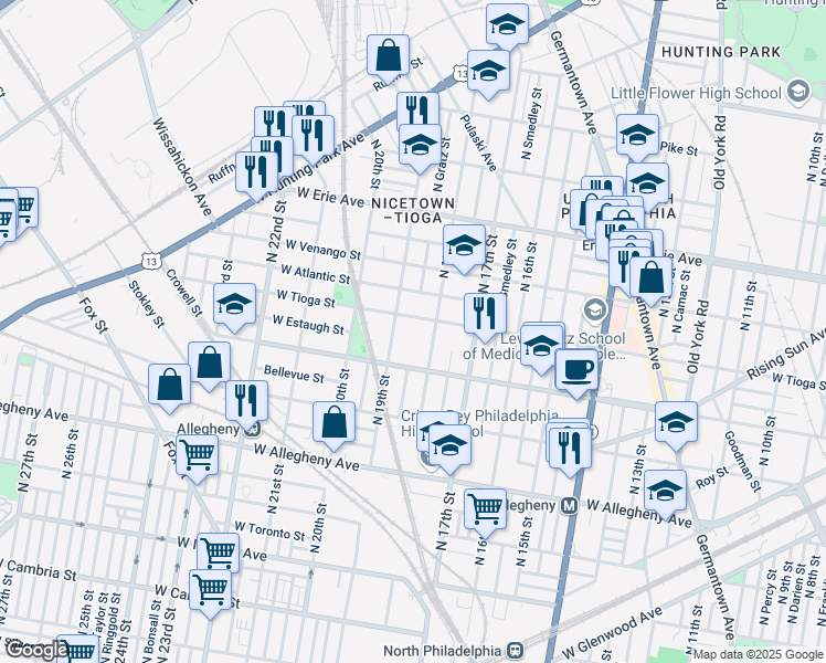 map of restaurants, bars, coffee shops, grocery stores, and more near 1822 West Tioga Street in Philadelphia