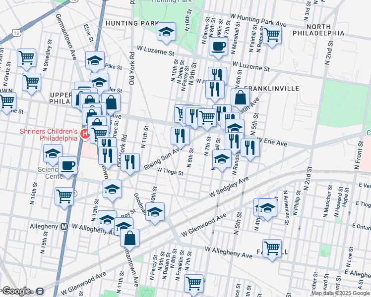 map of restaurants, bars, coffee shops, grocery stores, and more near 809 West Venango Street in Philadelphia