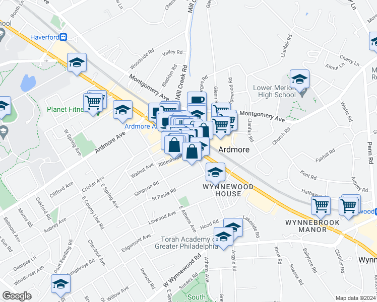 map of restaurants, bars, coffee shops, grocery stores, and more near 5 Rittenhouse Place in Ardmore