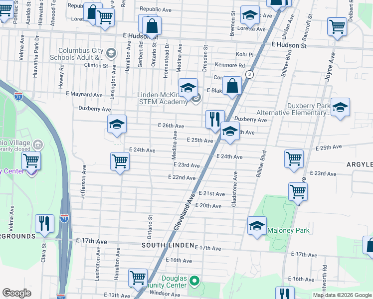 map of restaurants, bars, coffee shops, grocery stores, and more near 1294 East 24th Avenue in Columbus