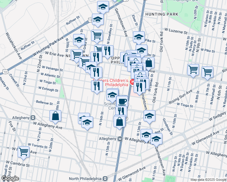 map of restaurants, bars, coffee shops, grocery stores, and more near 1511 West Tioga Street in Philadelphia