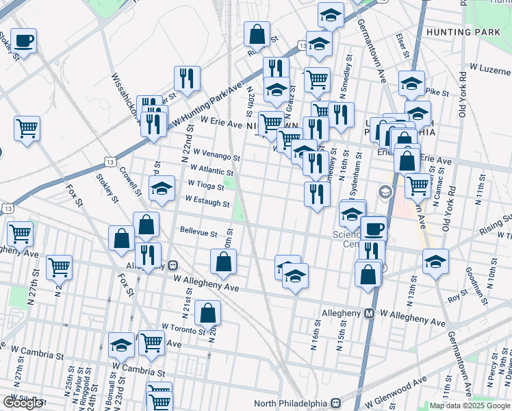 map of restaurants, bars, coffee shops, grocery stores, and more near 3416 North 19th Street in Philadelphia