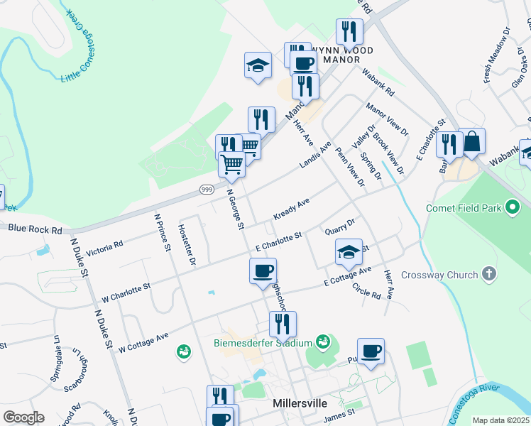 map of restaurants, bars, coffee shops, grocery stores, and more near 29 Kready Avenue in Millersville
