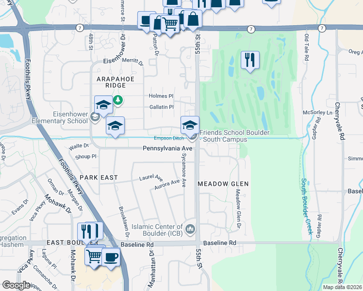 map of restaurants, bars, coffee shops, grocery stores, and more near 1088 Sycamore Avenue in Boulder