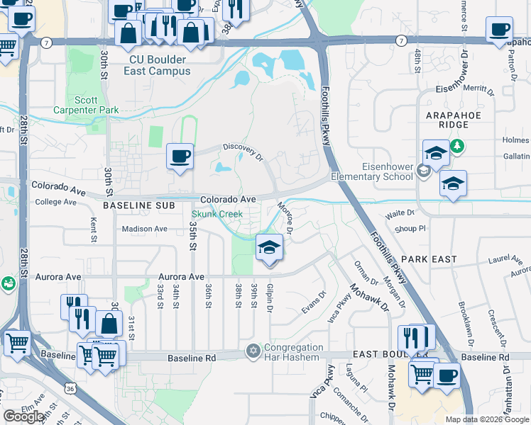 map of restaurants, bars, coffee shops, grocery stores, and more near 3950 Colorado Avenue in Boulder
