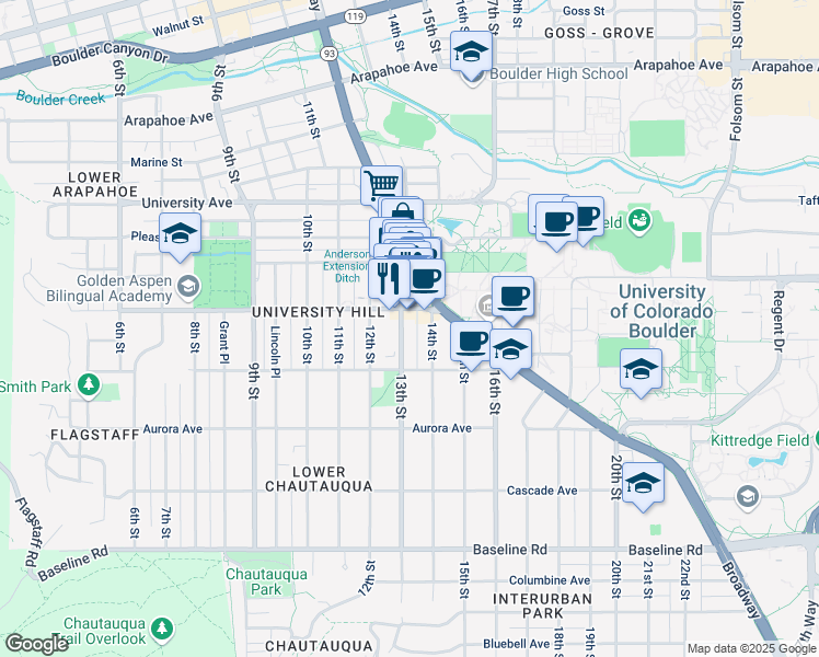 map of restaurants, bars, coffee shops, grocery stores, and more near in Boulder