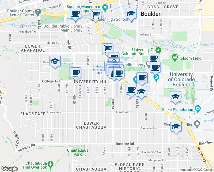 map of restaurants, bars, coffee shops, grocery stores, and more near 1053 12th Street in Boulder
