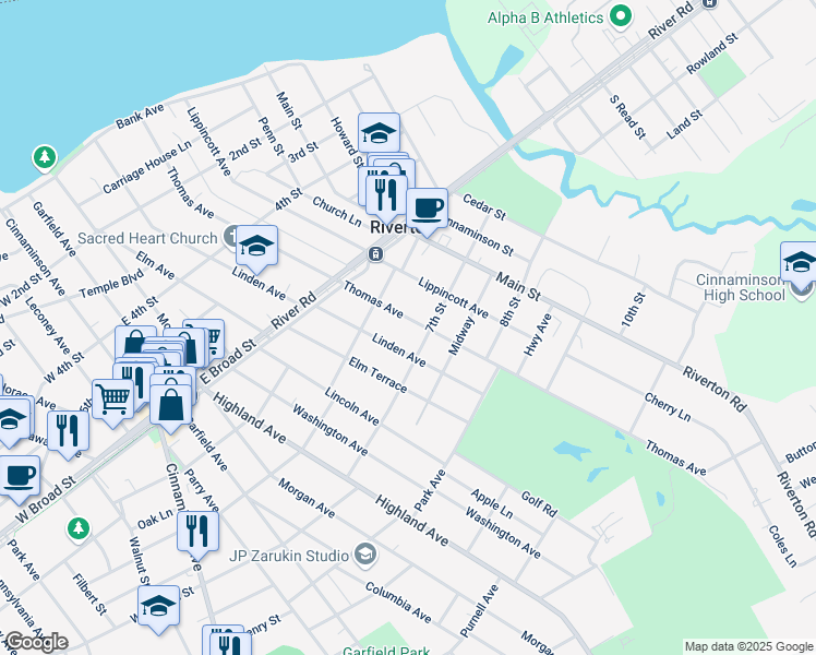 map of restaurants, bars, coffee shops, grocery stores, and more near 632 Thomas Avenue in Riverton