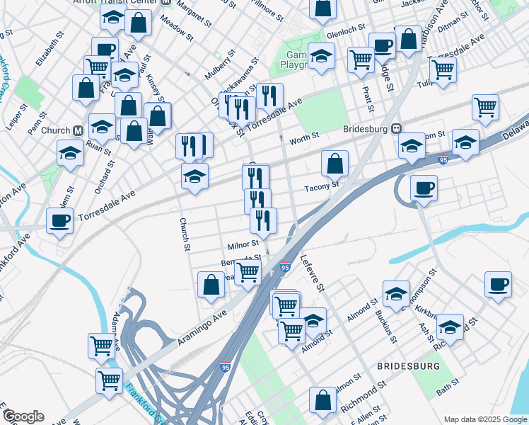 map of restaurants, bars, coffee shops, grocery stores, and more near 2320 Orthodox Street in Philadelphia