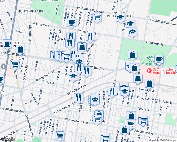 map of restaurants, bars, coffee shops, grocery stores, and more near 3626 North Lawrence Street in Philadelphia