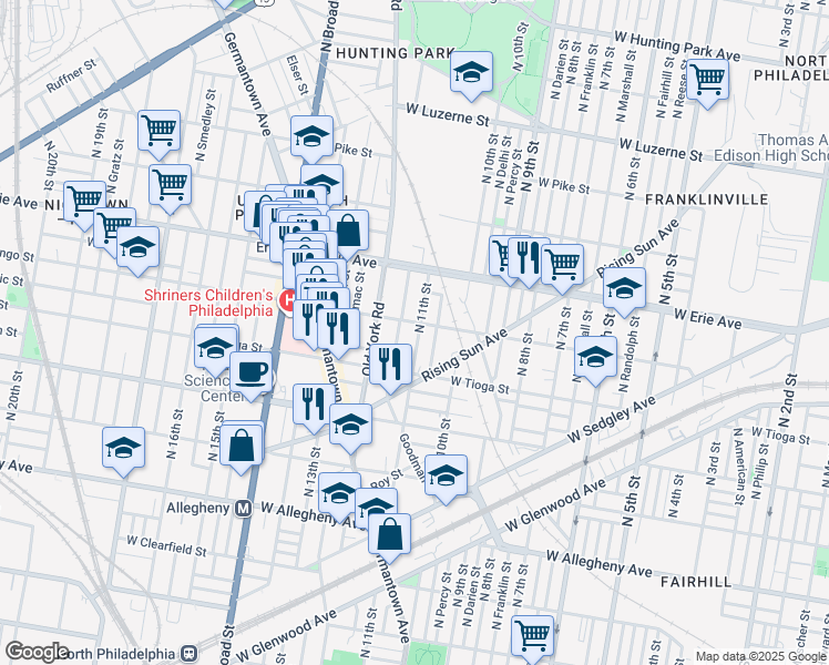 map of restaurants, bars, coffee shops, grocery stores, and more near 3541 North Marvine Street in Philadelphia