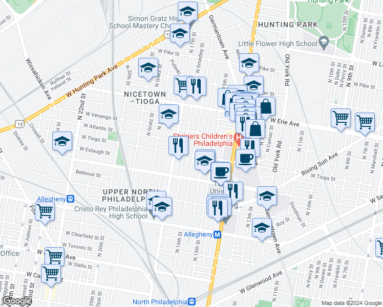 map of restaurants, bars, coffee shops, grocery stores, and more near 1614 West Tioga Street in Philadelphia
