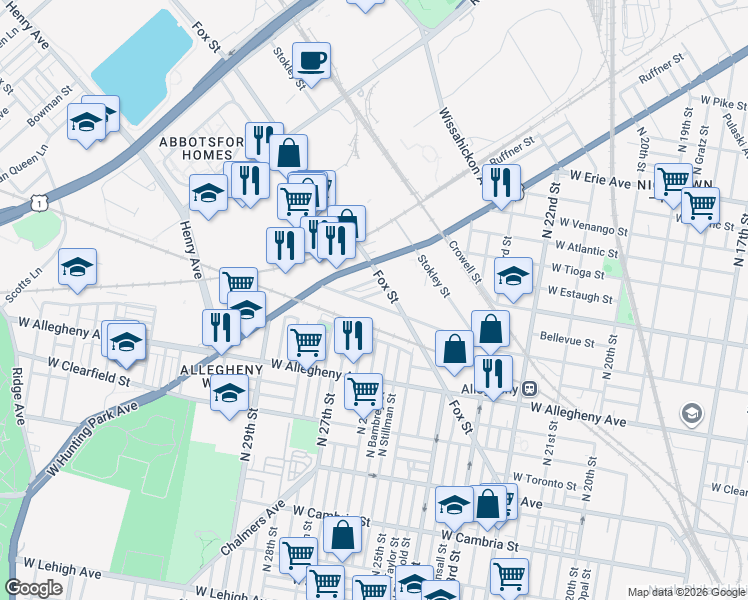map of restaurants, bars, coffee shops, grocery stores, and more near 2600 West Westmoreland Street in Philadelphia