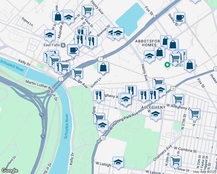 map of restaurants, bars, coffee shops, grocery stores, and more near in Philadelphia