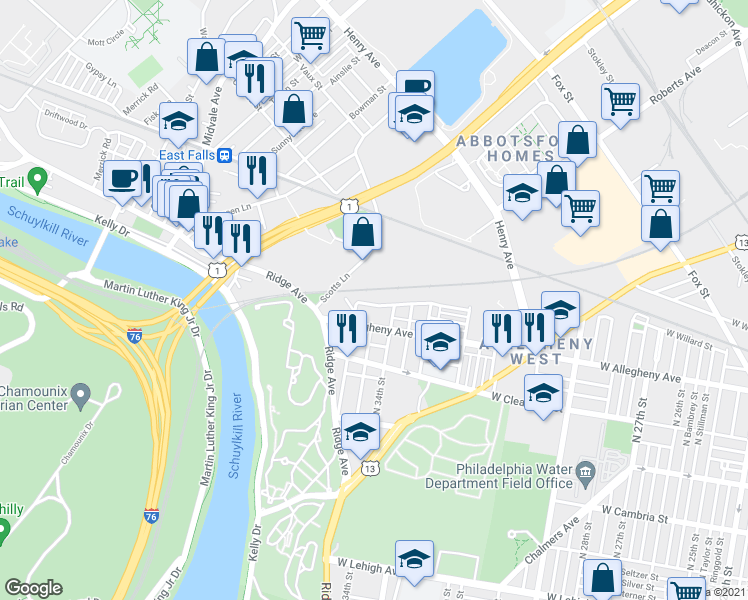 map of restaurants, bars, coffee shops, grocery stores, and more near in Philadelphia