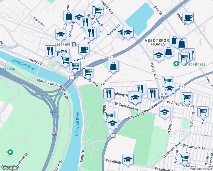 map of restaurants, bars, coffee shops, grocery stores, and more near 3533 West Allegheny Avenue in Philadelphia