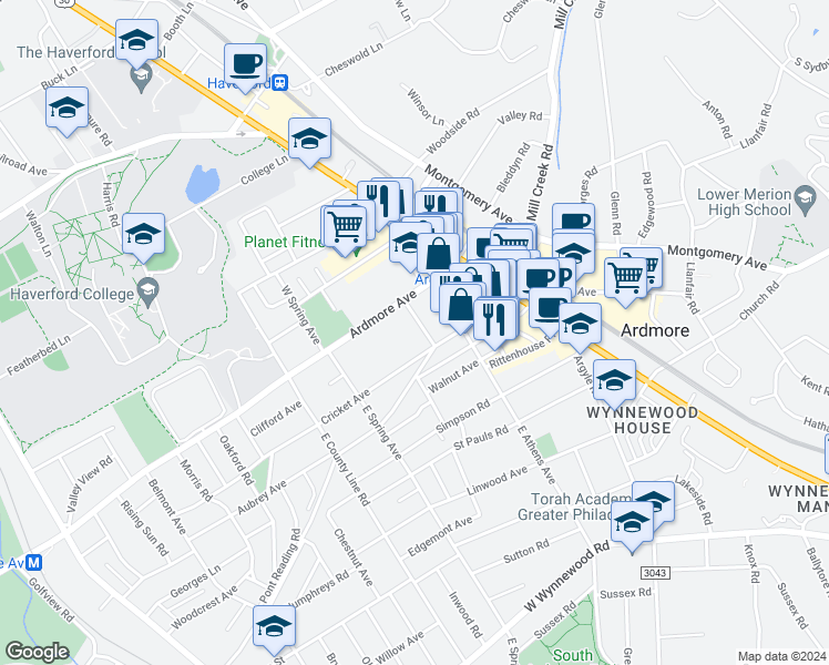 map of restaurants, bars, coffee shops, grocery stores, and more near 24 1/2 School Lane in Ardmore