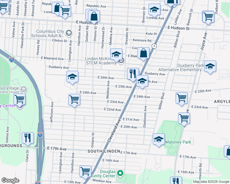 map of restaurants, bars, coffee shops, grocery stores, and more near 1294 East 24th Avenue in Columbus