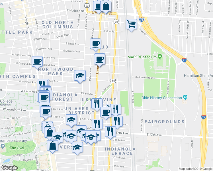 map of restaurants, bars, coffee shops, grocery stores, and more near 2117 Iuka Avenue in Columbus