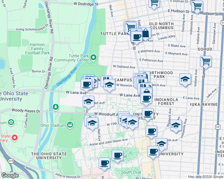 map of restaurants, bars, coffee shops, grocery stores, and more near 132 West Lane Avenue in Columbus