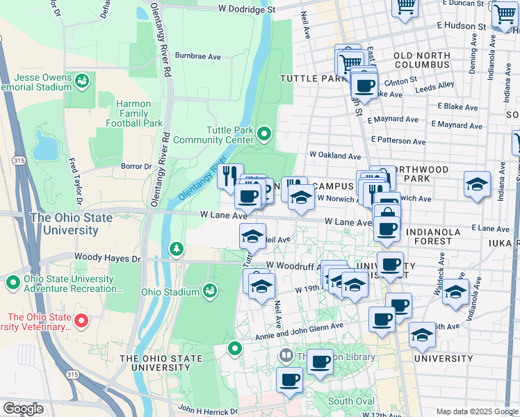 map of restaurants, bars, coffee shops, grocery stores, and more near 248 West Lane Avenue in Columbus