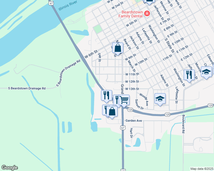 map of restaurants, bars, coffee shops, grocery stores, and more near 1 Frank Wessel Drive in Beardstown