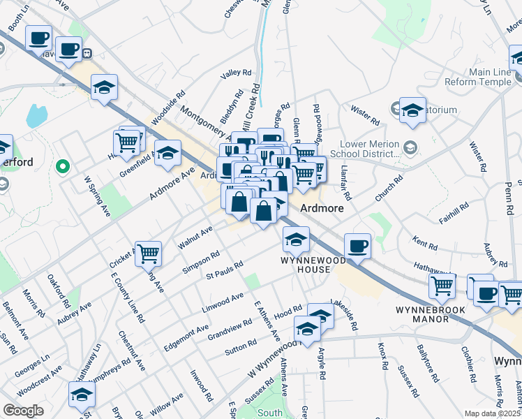 map of restaurants, bars, coffee shops, grocery stores, and more near 15 Rittenhouse Place in Ardmore