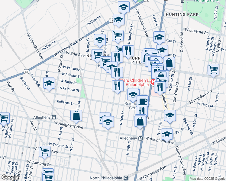 map of restaurants, bars, coffee shops, grocery stores, and more near 1700 West Tioga Street in Philadelphia