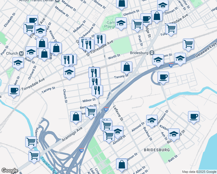 map of restaurants, bars, coffee shops, grocery stores, and more near 2330 Margaret Street in Philadelphia