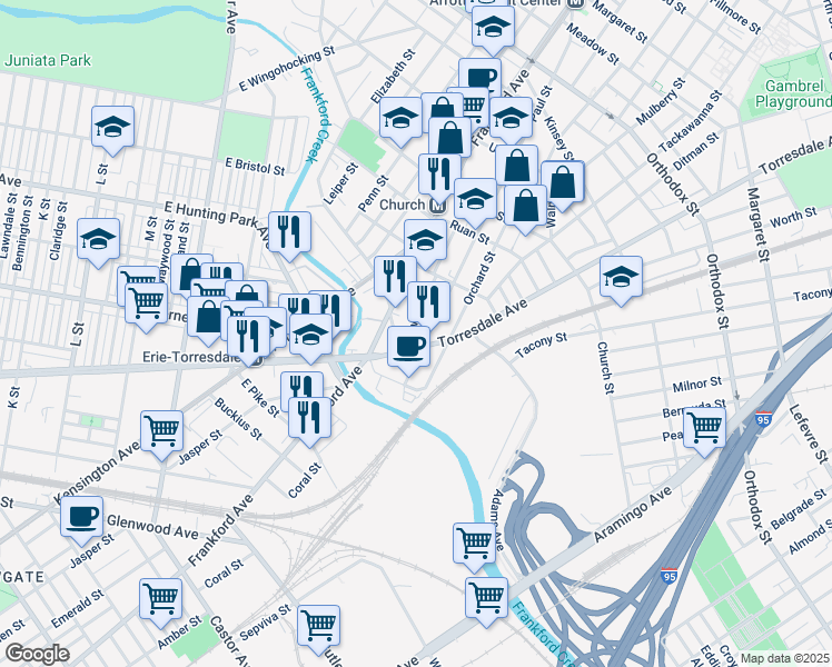 map of restaurants, bars, coffee shops, grocery stores, and more near 4115 Salem Street in Philadelphia
