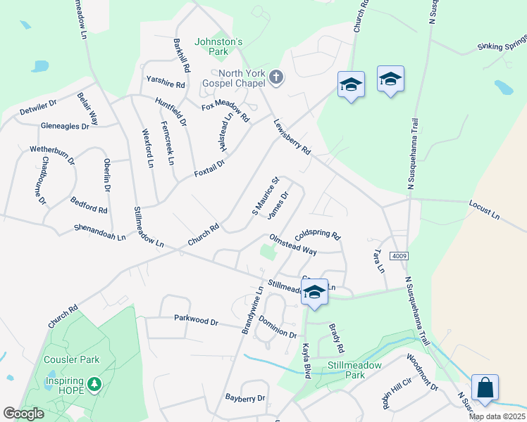 map of restaurants, bars, coffee shops, grocery stores, and more near 185 James Drive in York